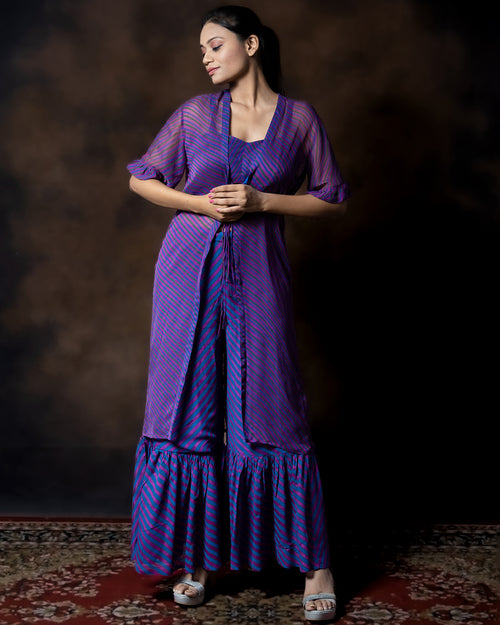 Sharara, Top with Chiffon Shrug Dabu Print Bluish Magenta - SILKFAB