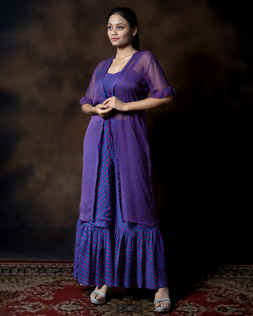 Sharara, Top with Chiffon Shrug Dabu Print Bluish Magenta - SILKFAB