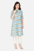 A Line Printed Flax Ikat Women Kurta Blue| Verbe - SILKFAB