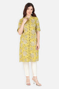 A Line Printed Flax Floral Women Kurta Olive Green | Verbe - SILKFAB