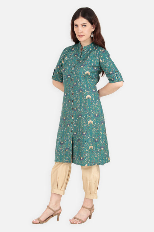 A Line Printed Flax Floral Women Kurta Sapphire Green | Verbe - SILKFAB