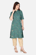 A Line Printed Flax Floral Women Kurta Sapphire Green | Verbe - SILKFAB