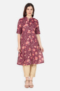 A Line Printed Flax Floral Women Kurta Wine Red | Verbe - SILKFAB