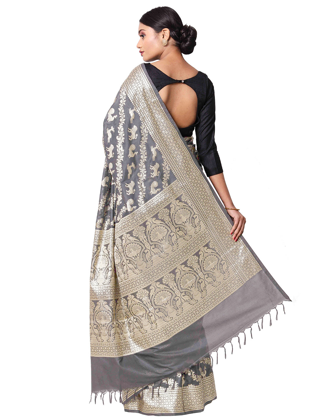 Silkfab Women's Banarasi Silk Saree Shikargah Aada 3D Grey