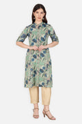 A Line Printed Flax Floral Women Kurta Grey | Verbe - SILKFAB