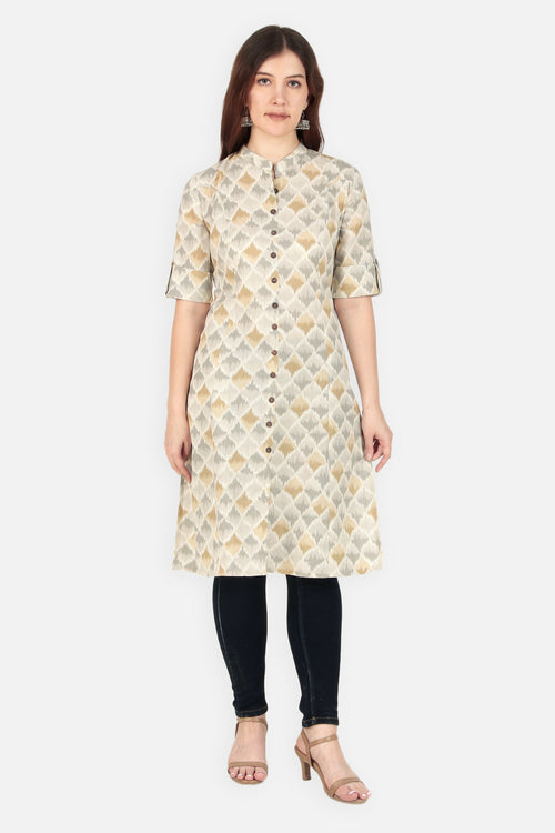 A Line Printed Flax Ikat Women Kurta Cream | Verbe - SILKFAB