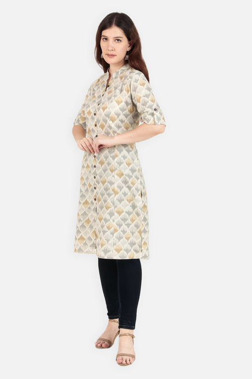 A Line Printed Flax Ikat Women Kurta Cream | Verbe - SILKFAB