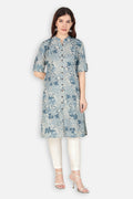 A Line Printed Flax Floral Women Kurta Indigo Blue | Verbe - SILKFAB