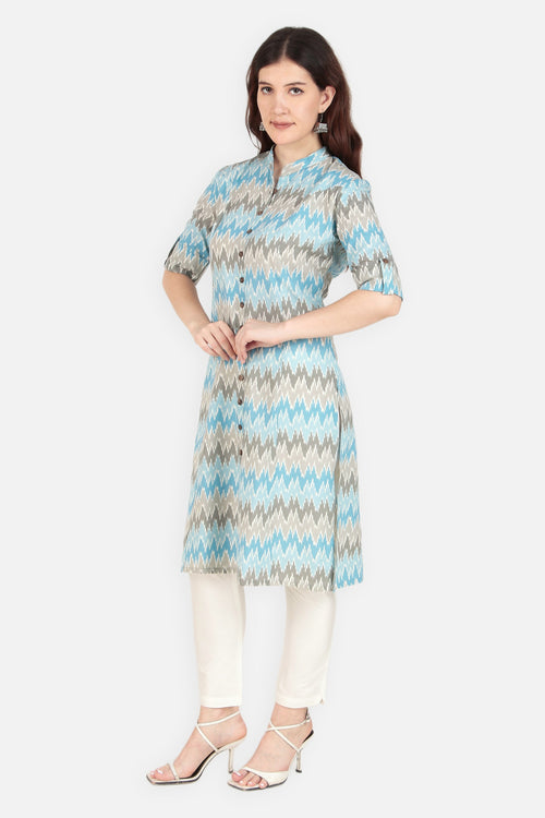 A Line Printed Flax Ikat Women Kurta Blue| Verbe - SILKFAB