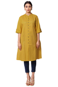Silkfab Women's Cotton Flax Solid A Line Kurta Mustard - SILKFAB
