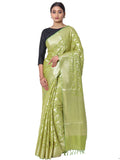 Silkfab Women's Banarasi Silk Saree Shikargah Bird Jaal Pista - Exquisite Silk Banarasi Silk Saree - SILKFAB