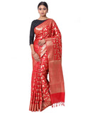 Silk Banarasi Saree Shikargah Bird Jaal Red by Silkfab - Women's Traditional Elegance - SILKFAB