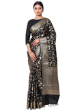 Silkfab Banarasi Silk Saree Shikargah Bird Jaal Black for Elegant Women - SILKFAB