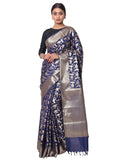 Silkfab Women's Banarasi Silk Saree Shikargah Bird Jaal in Navy Blue - Elegant Silk Banarasi Silk Saree - SILKFAB