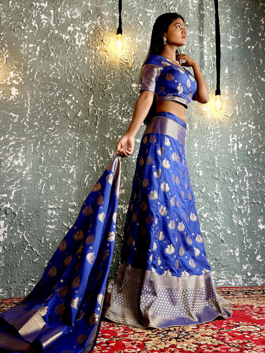 Banarasi Silk Blue Lehenga Set Shikargah Peacock Motif