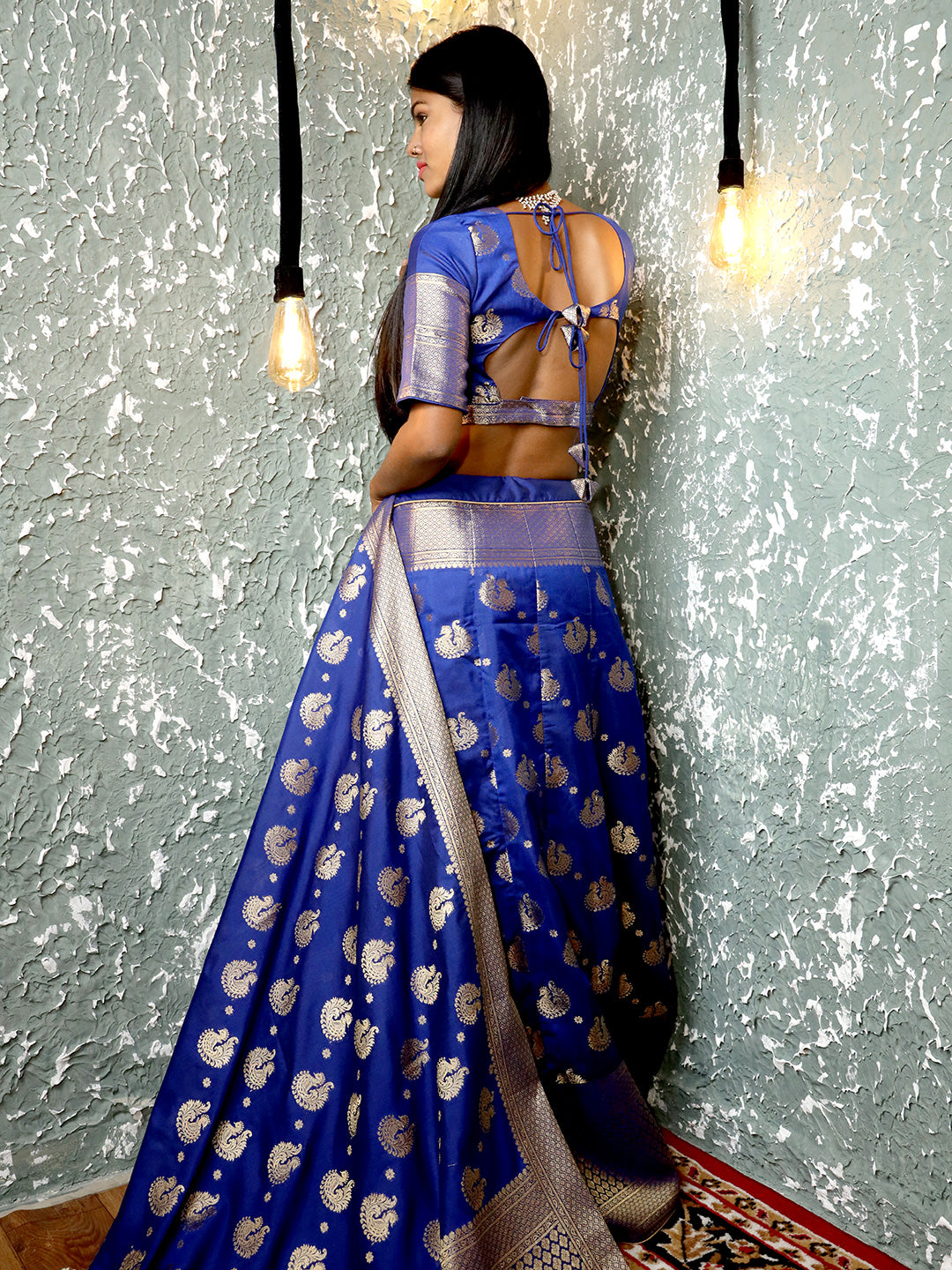 Banarasi Silk Blue Lehenga Set Shikargah Peacock Motif