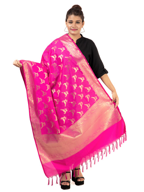 Silk Banarasi Dupatta Shikargah Deer Fuchsia for Women by Silkfab - SILKFAB