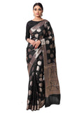 Silkfab Women's Banarasi Silk Saree Floral Genda Phool in Black - Exquisite Silk Banarasi Silk Saree - SILKFAB