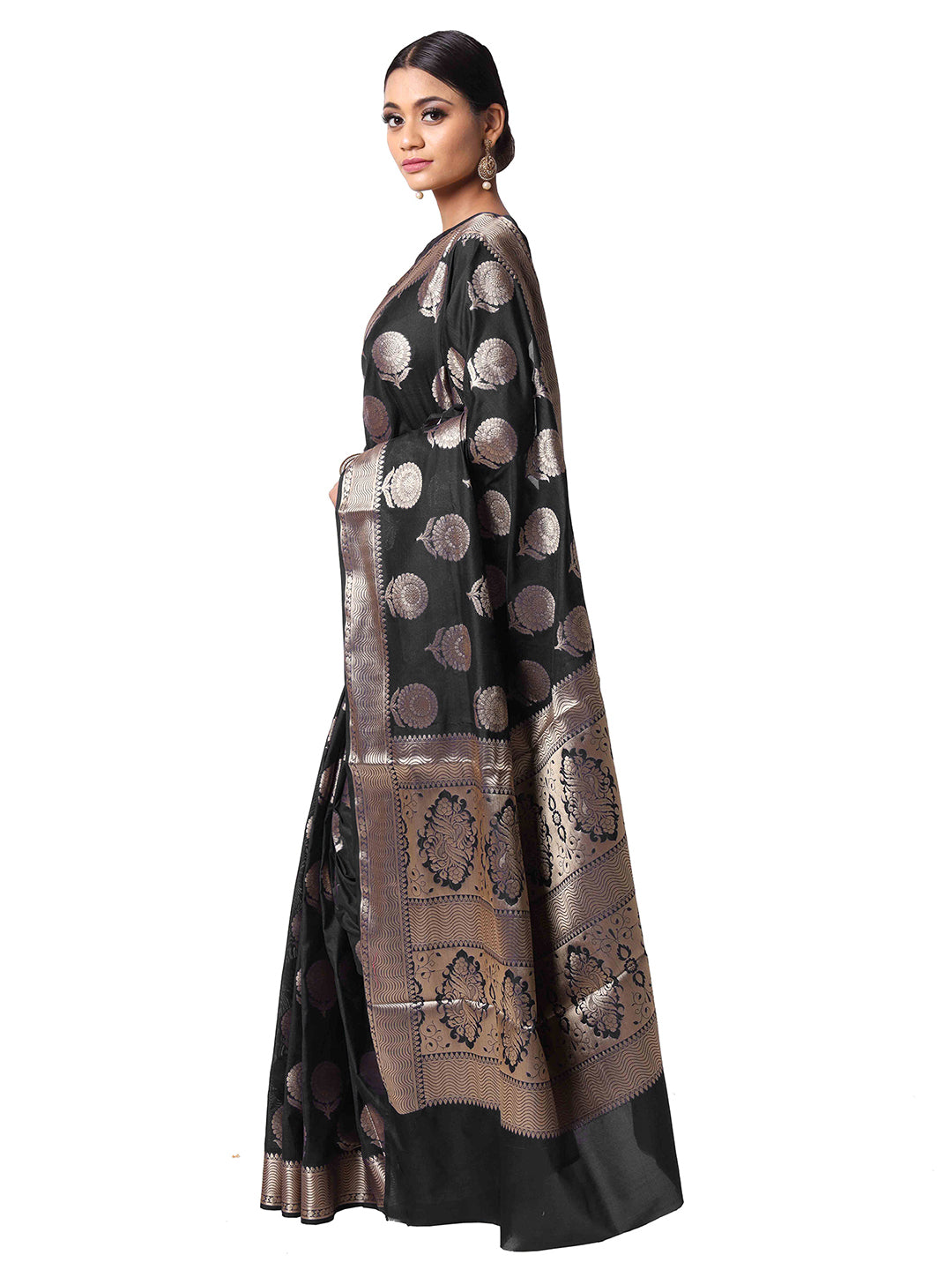 Silkfab Women's Banarasi Silk Saree Floral Genda Phool Black