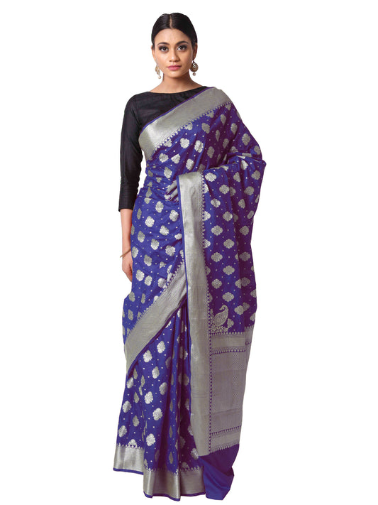 Silkfab Women's Banarasi Silk Saree Floral Khaddi Konia Navy Blue