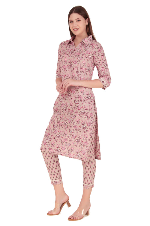 Co-Ord Set Printed Cotton V Collar Neck in Beige Pink by Verbe - SILKFAB