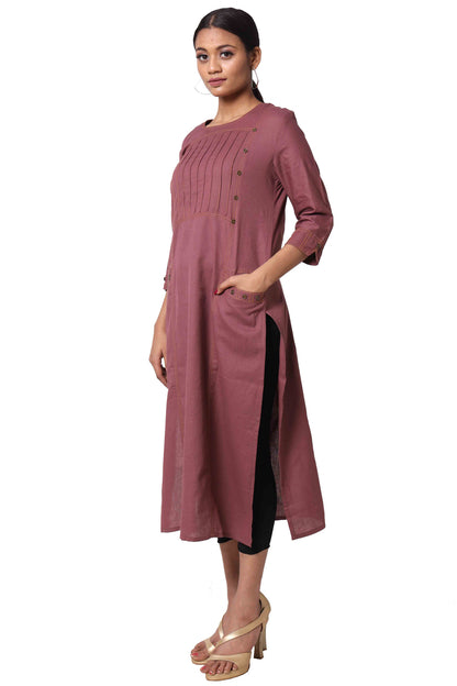Silkfab Women's Cotton Flax Kurta Side Pin Tucks Onion Pink