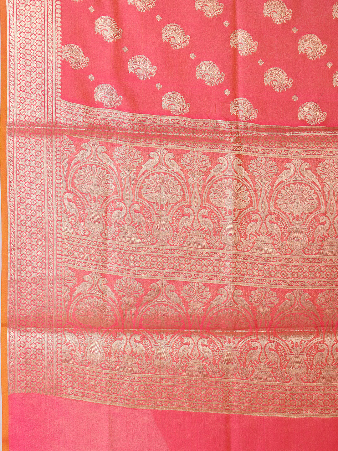 Silkfab Women's Banarasi Silk Saree Shikargah Peacock Paisiey Fuchsia Red