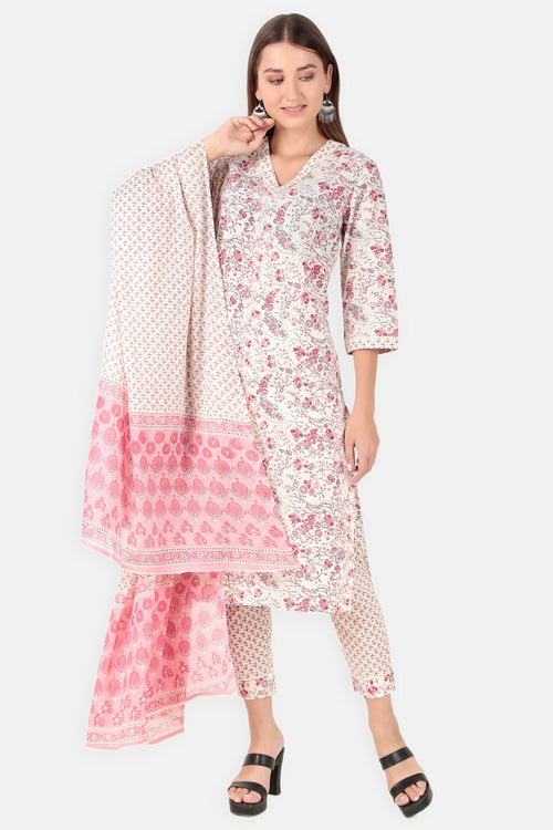 Printed Cotton Floral Kurta for Women in White | Verbe - SILKFAB
