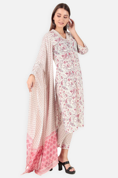 Printed Cotton Floral Kurta for Women in White | Verbe - SILKFAB