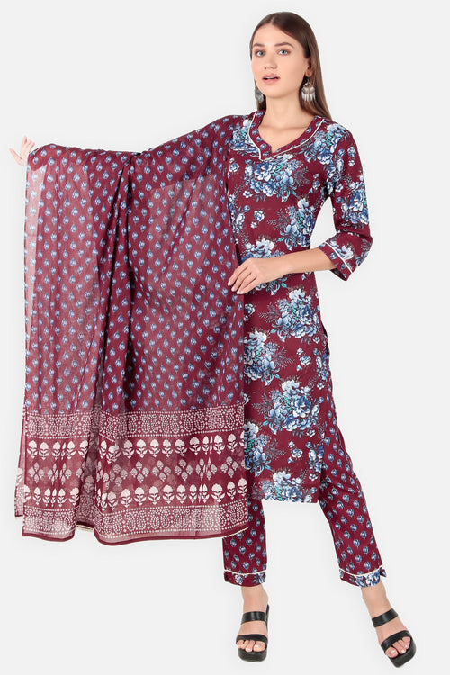 Printed Floral Women Kurta in Wine Red | Verbe - SILKFAB