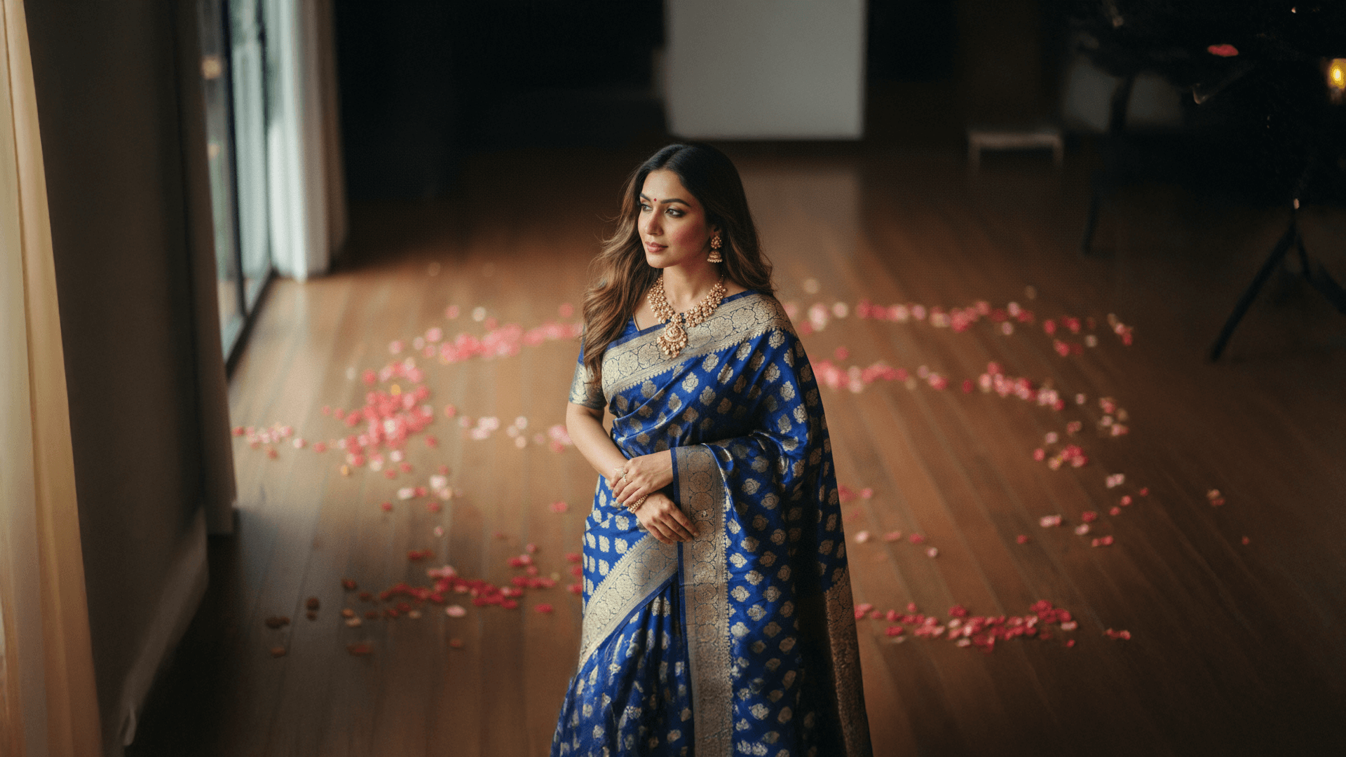 Woman in a blue saree standing in a room with scattered rose petals
