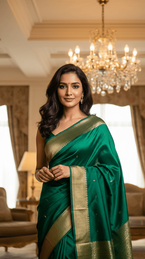 Woman in a green saree with gold border standing in a room with a chandelier.