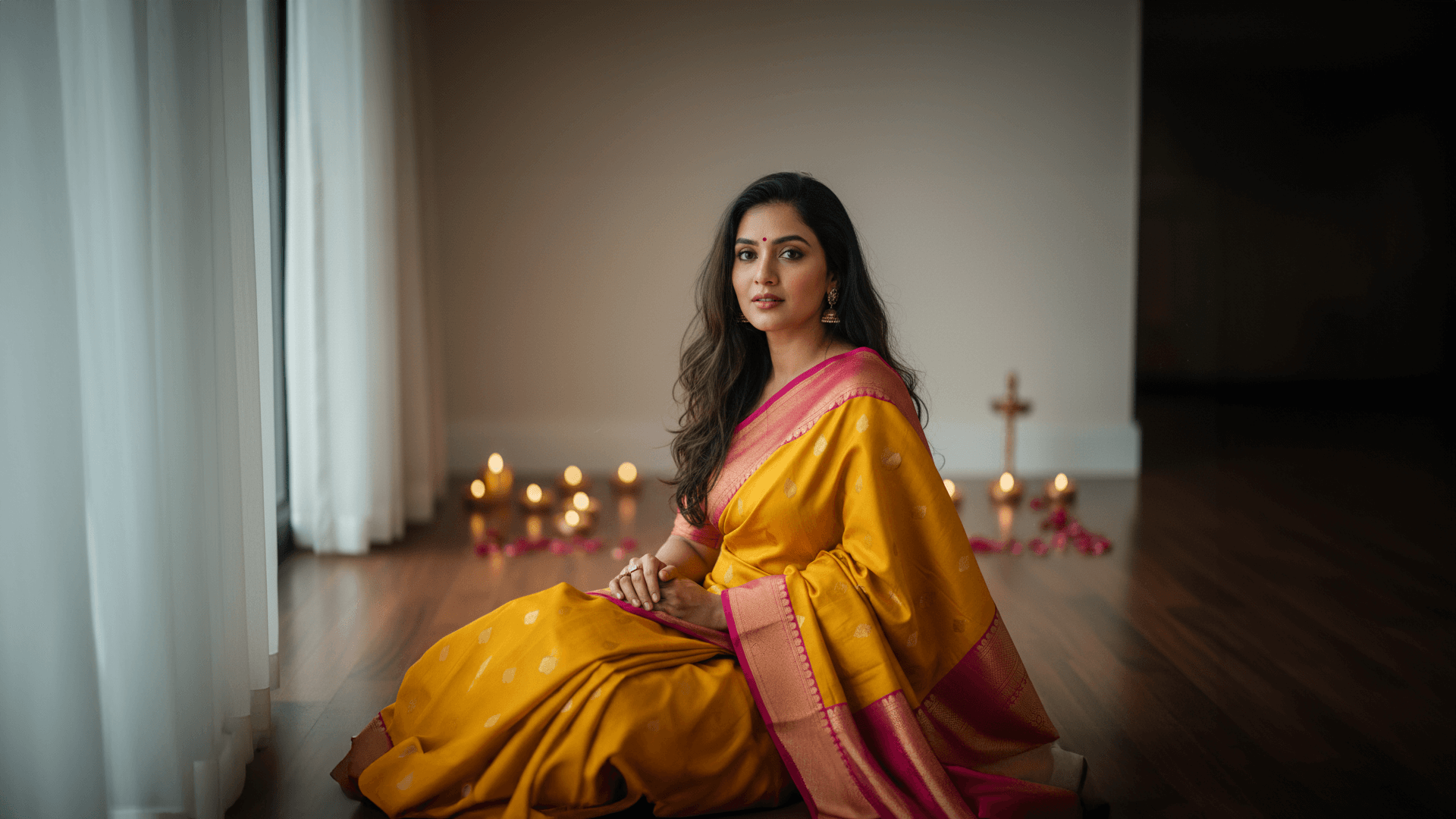Woman in a yellow saree sitting on the floor with candles and flowers around her.