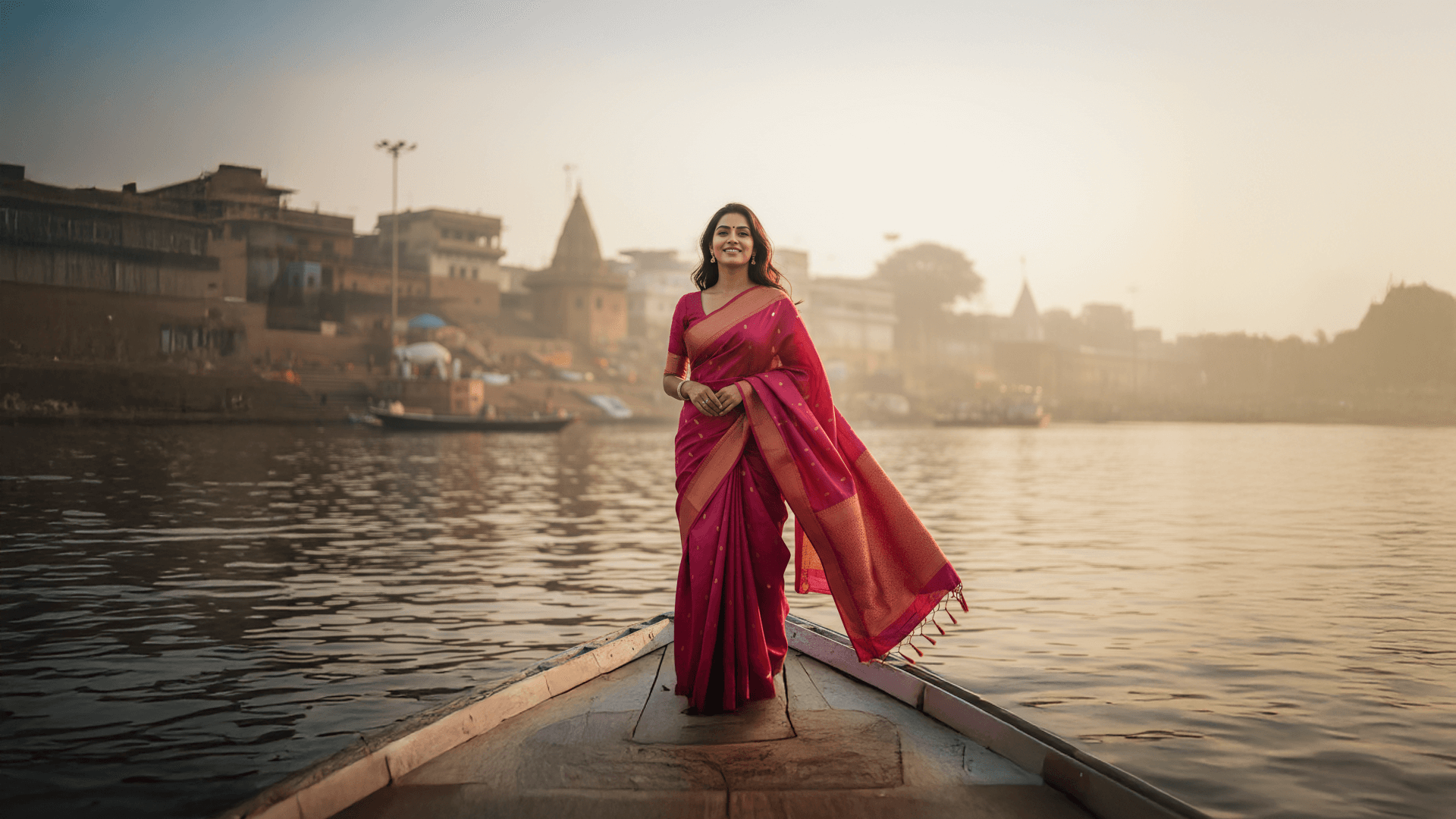 Woman in a red saree standing on a dock by a river with buildings in the background
