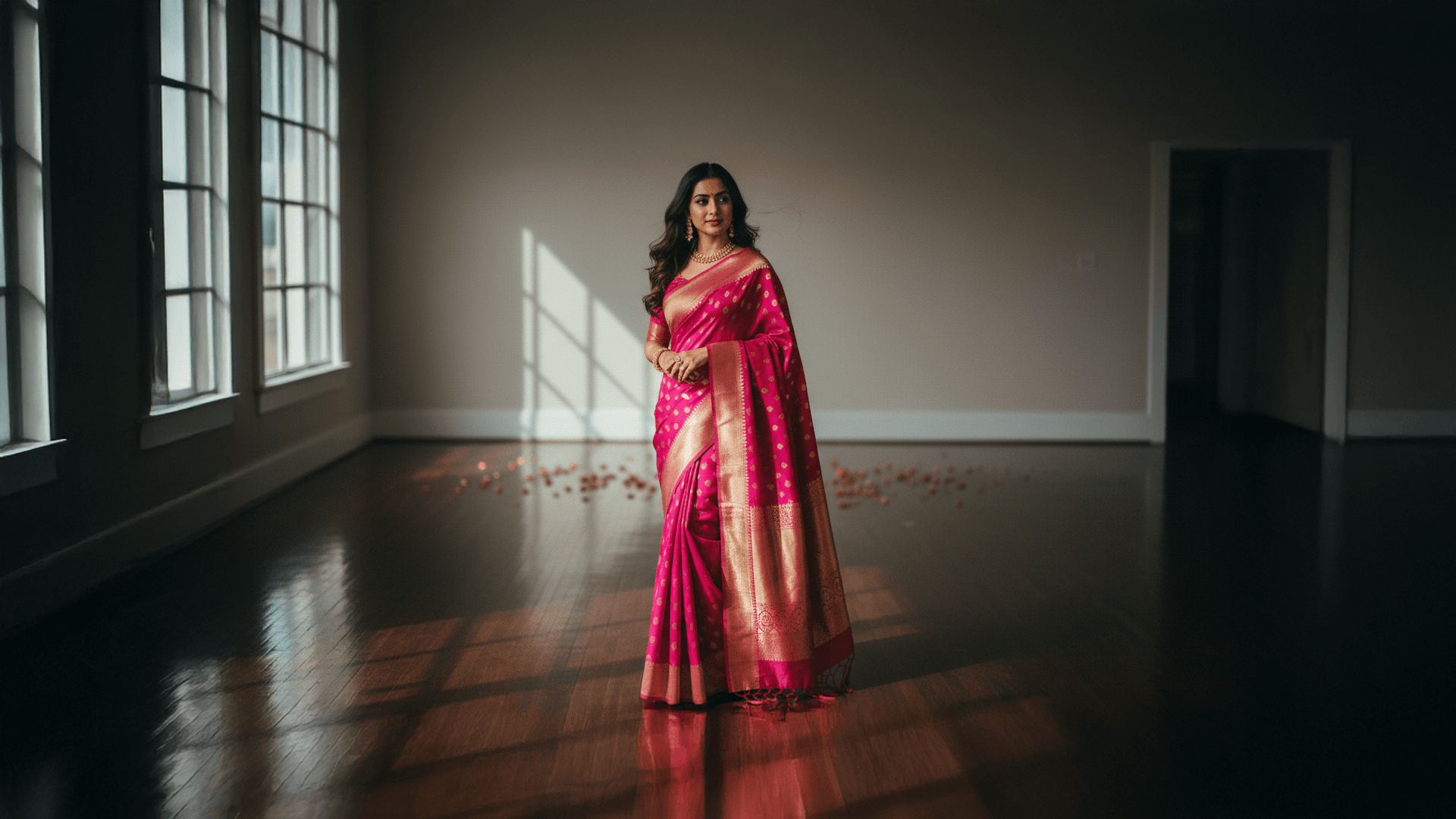 Woman in a pink saree standing in a room with sunlight streaming through a window.