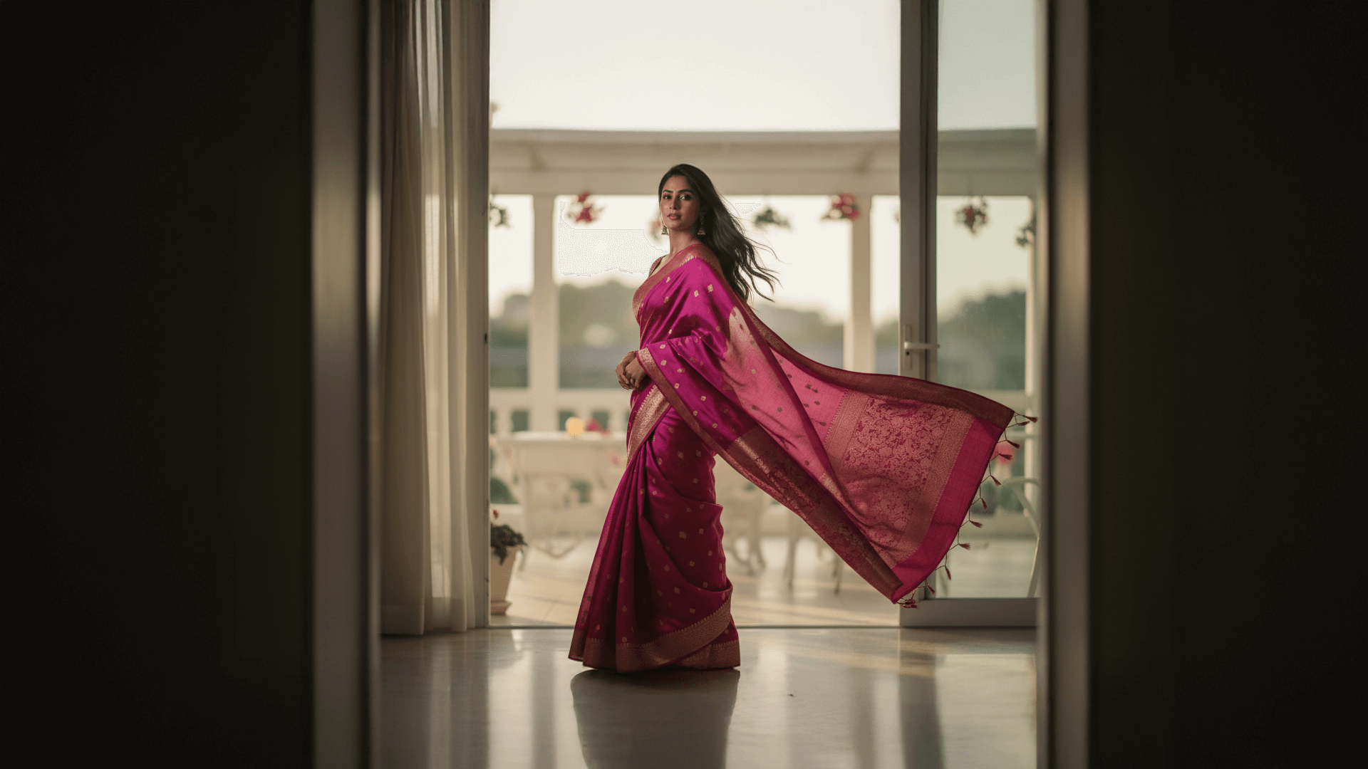Woman in a pink saree standing in a well-lit room with large windows.