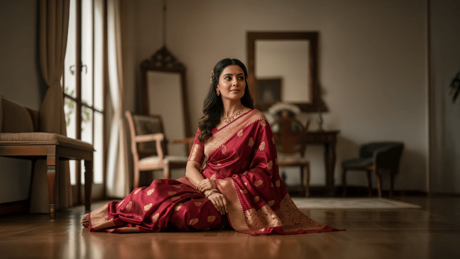Woman in a red saree sitting on the floor in a room with wooden furniture.