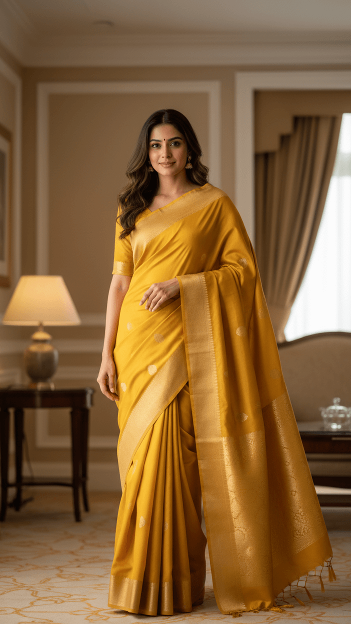 Woman in a yellow saree standing in an elegant room with a lamp and table in the background.