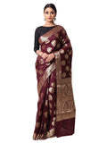 Silkfab Women's Banarasi Silk Saree Floral Genda Phool in Wine Color - Elegant Silk Banarasi Silk Saree - SILKFAB