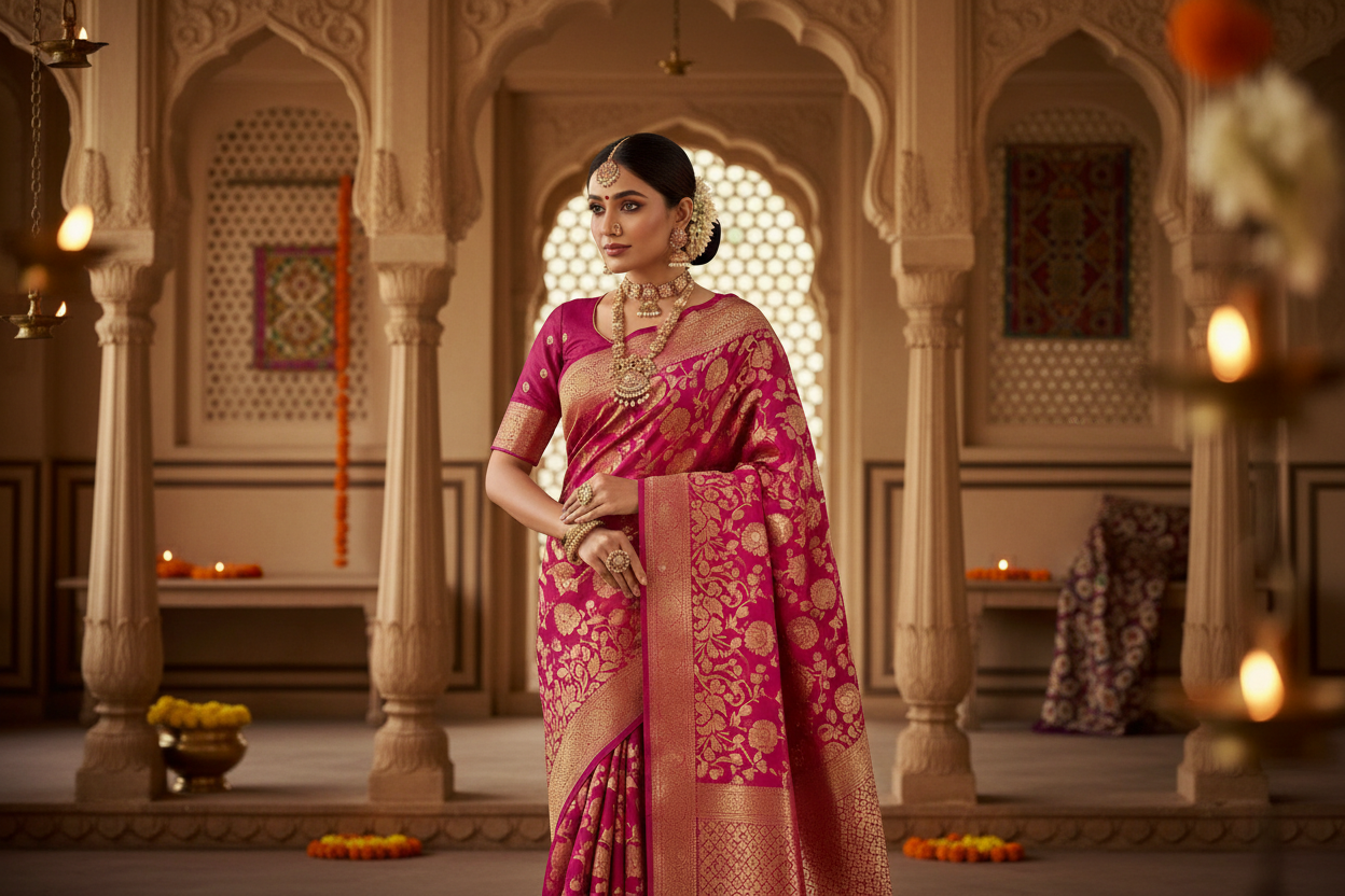 indian women in magenta banarasi saree, keep some distance between upper bg and model, background should be beautiful