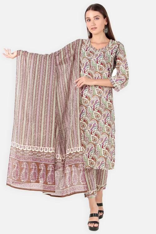 Printed Cotton Paisley Women Kurta Beige Multi| Verbe - SILKFAB