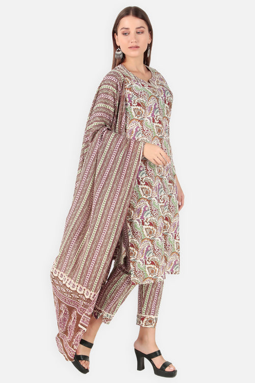 Printed Cotton Paisley Women Kurta Beige Multi| Verbe - SILKFAB