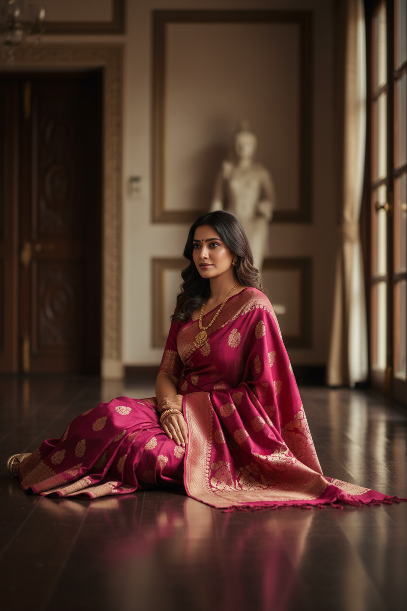 Shot on a Canon R5 with an RF 85mm f/1.2L US-M lens, this stunning full captures a woman of elegant poise, vibrant tones, an ultra-realistic and timeless depiction
seated gracefully on the floor with a confident and captivating expression as she gazes softly off-camera, imbuing the scene with a high-fashion intensity. 
She is adorned in a breathtaking, deep magenta sari, silk fabric boasting a delicate,  gold weave, hyper-realistic skin, catching the light. Soft, diffused natural light.