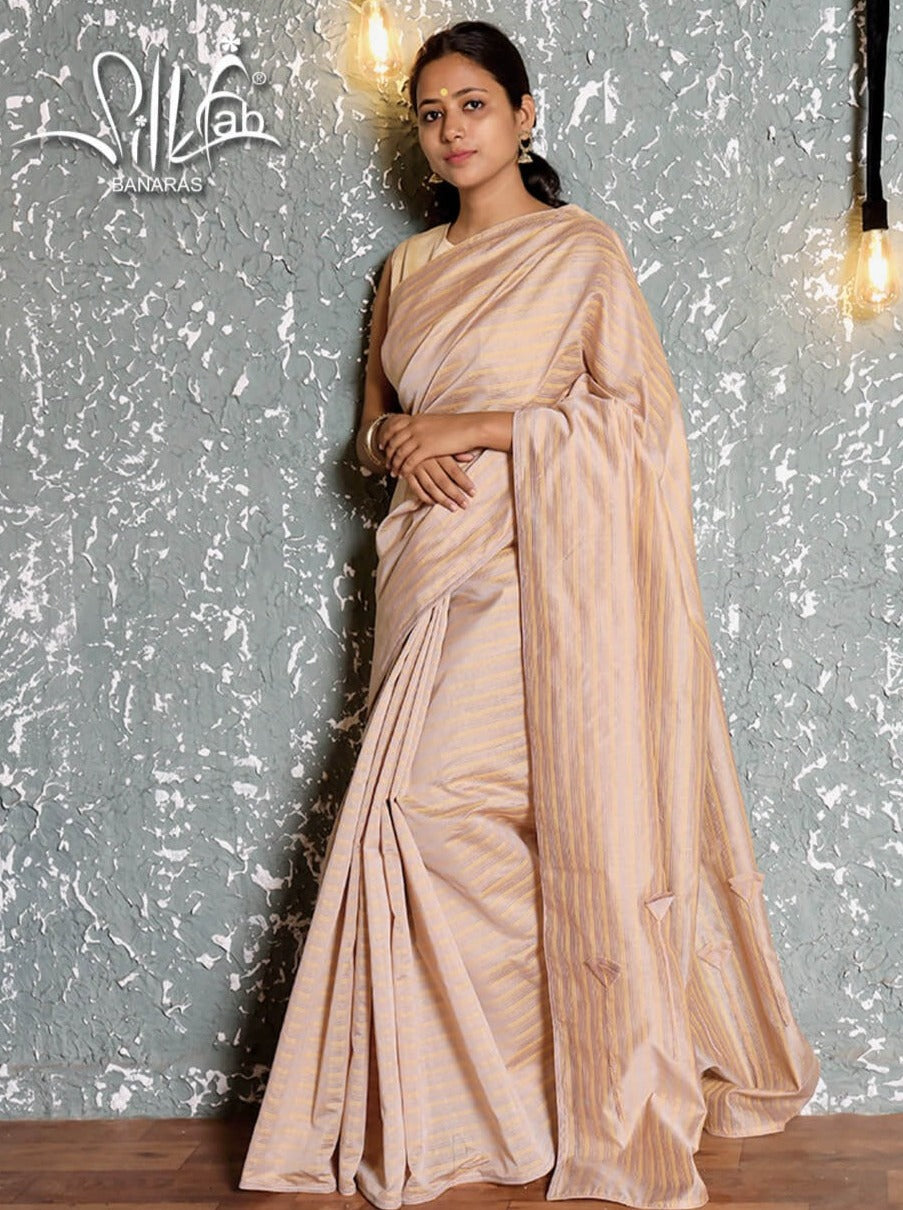 Silk Cotton Saree Mercerized Beige Yellow Ribbed Handcrafted Designer - SILKFAB