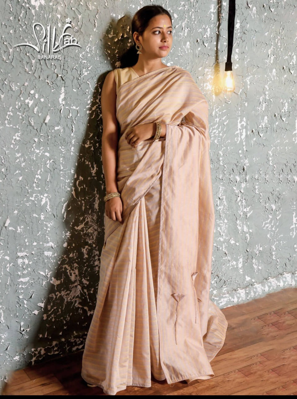 Silk Cotton Saree Mercerized Beige Yellow Ribbed Handcrafted Designer - SILKFAB