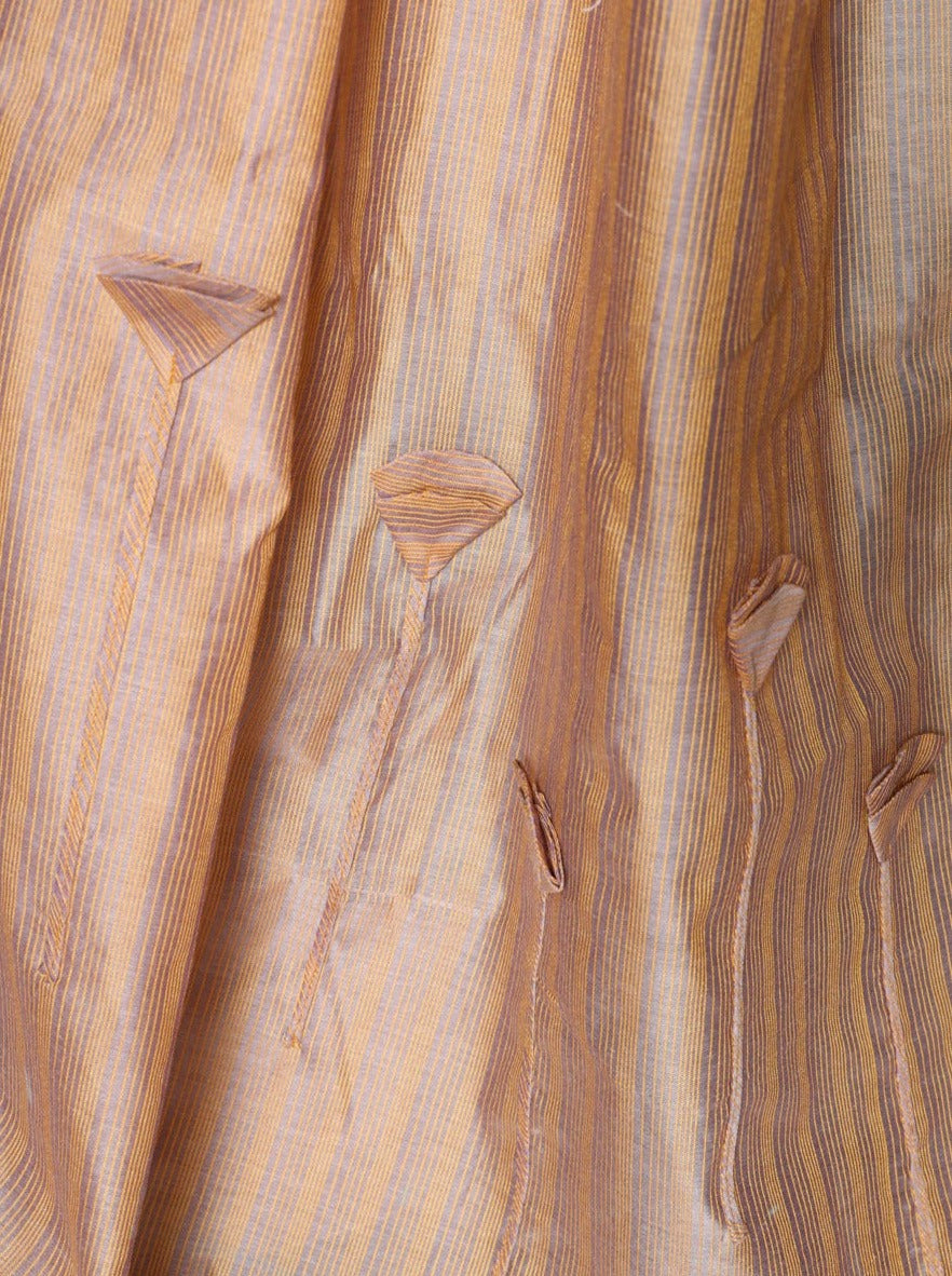 Silk Cotton Saree Mercerized Beige Yellow Ribbed Handcrafted Designer - SILKFAB