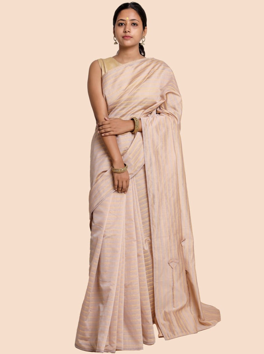 Silk Cotton Saree Mercerized Beige Yellow Ribbed Handcrafted Designer - SILKFAB