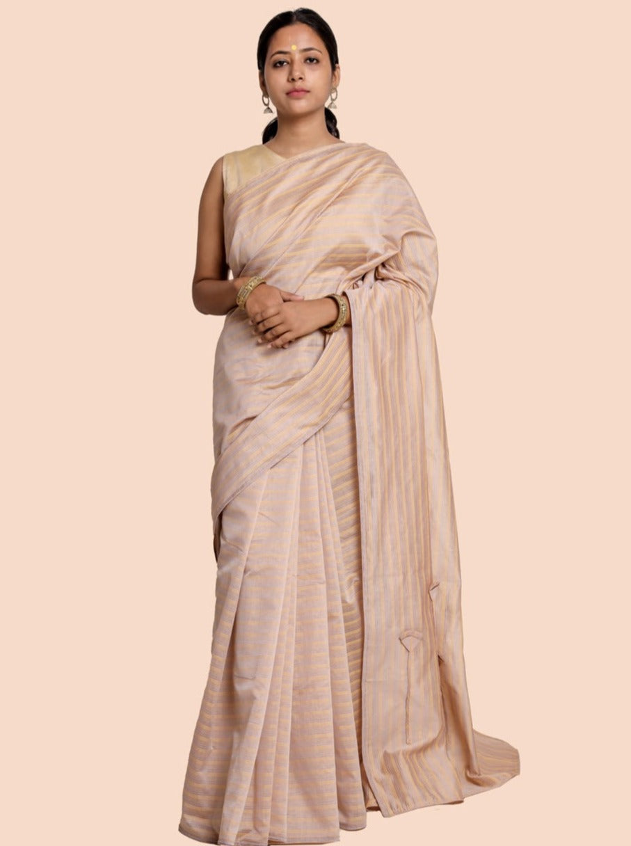 Silk Cotton Saree Mercerized Beige Yellow Ribbed Handcrafted Designer - SILKFAB
