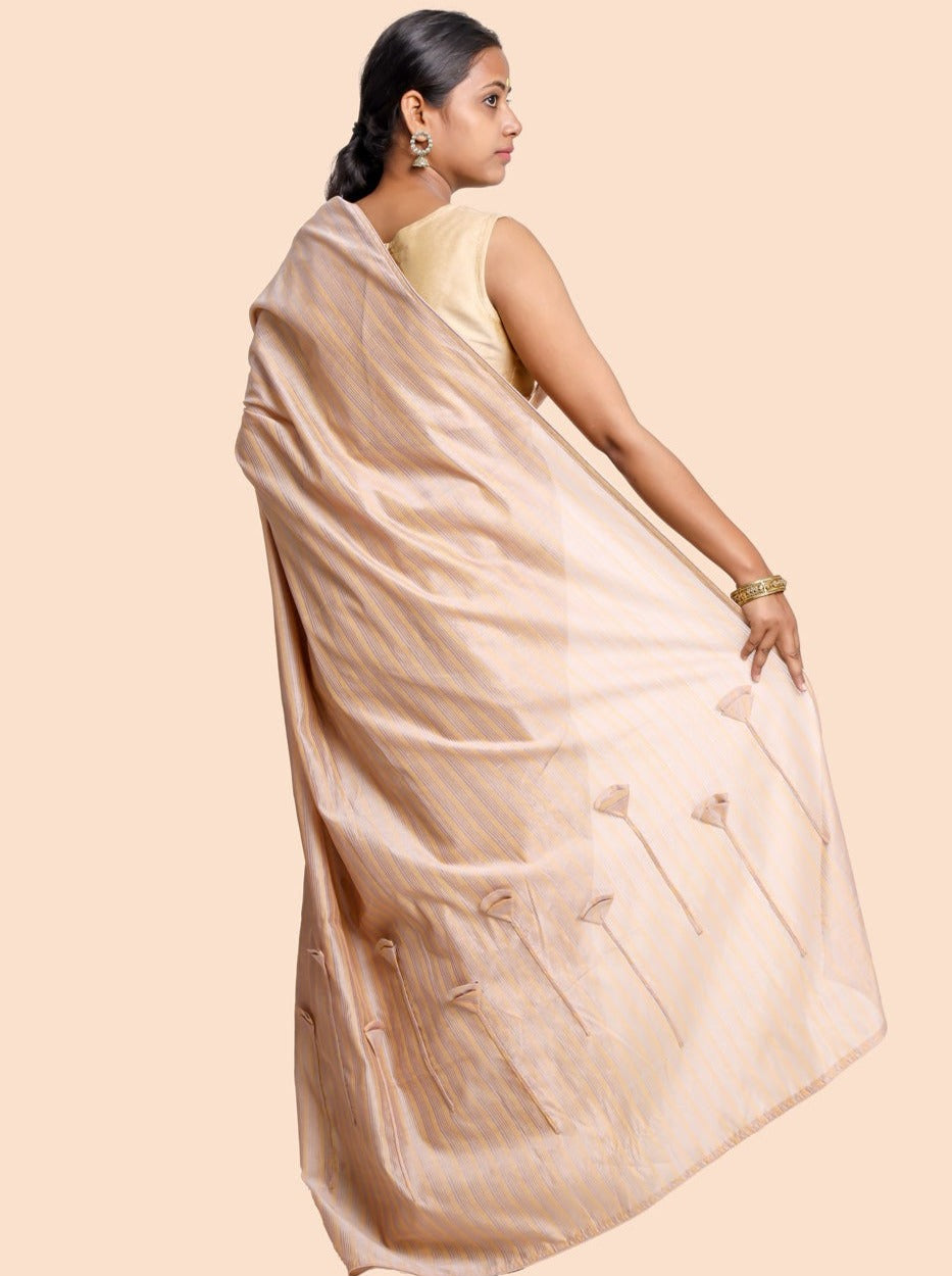 Silk Cotton Saree Mercerized Beige Yellow Ribbed Handcrafted Designer - SILKFAB