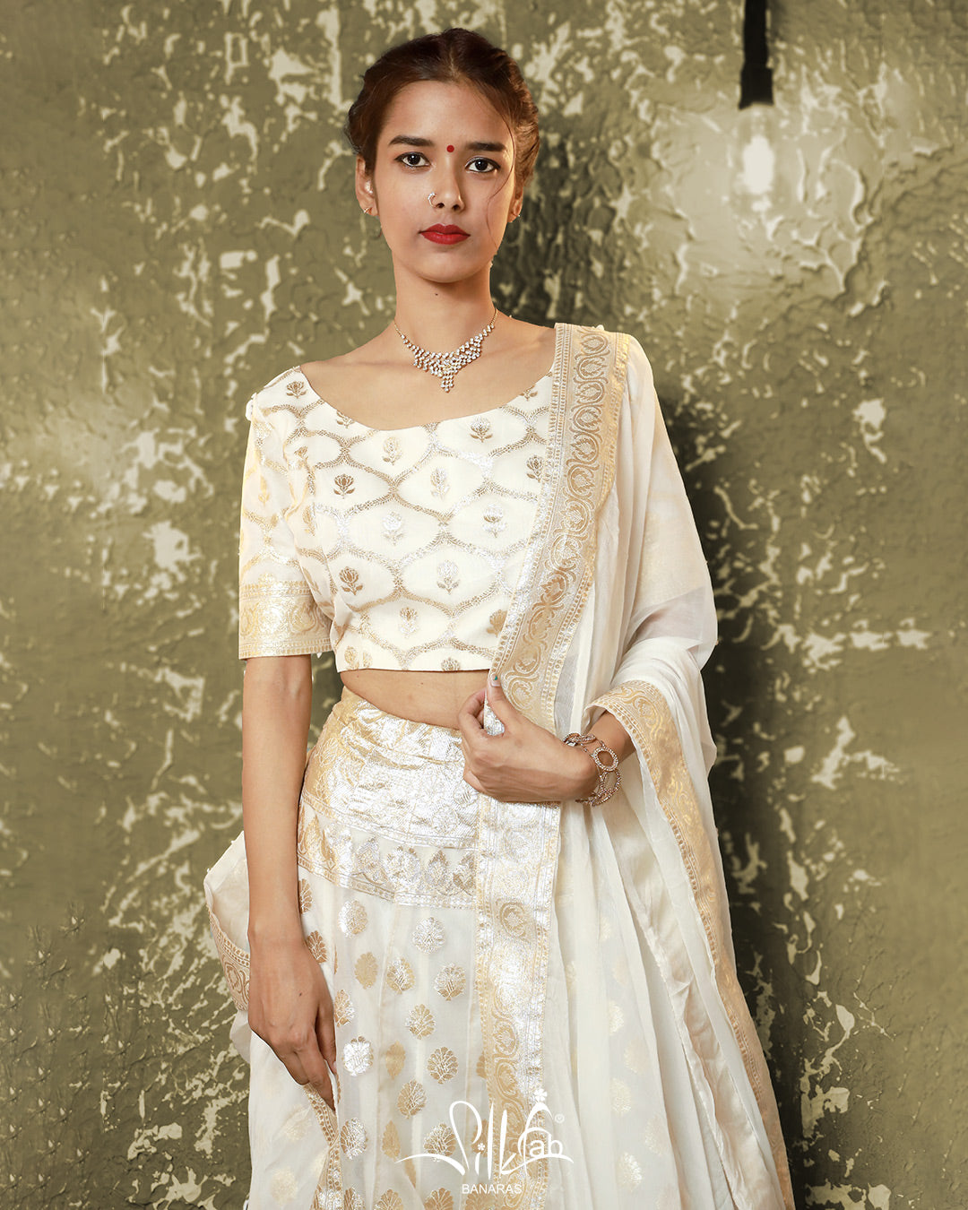 Pure Silk Cotton Handloom Shimmer White Lehenga Set with Chiffon Dupatta - SILKFAB